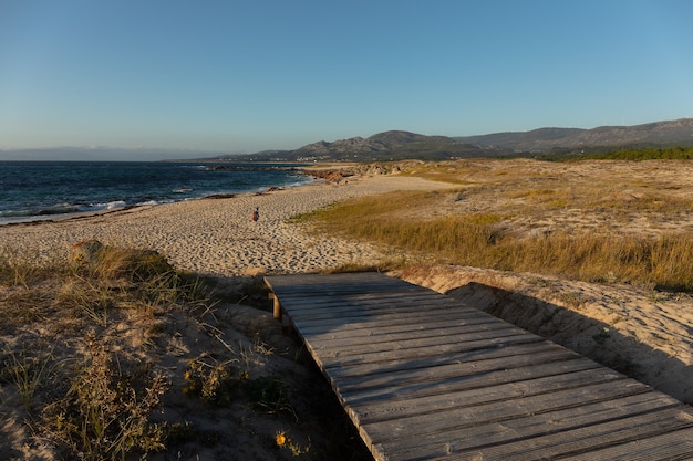 Un pequeño puente de madera en la playa.