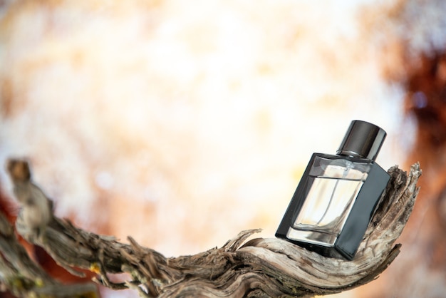 Perfume de los hombres de la vista frontal en la rama de un árbol seco aislado en el espacio libre del fondo desnudo