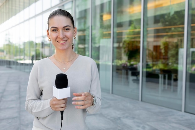 Periodista mujer caucásica al aire libre