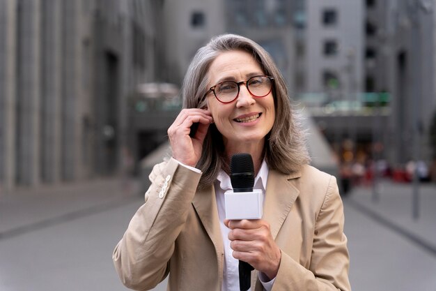 Periodista de vista frontal tomando una entrevista