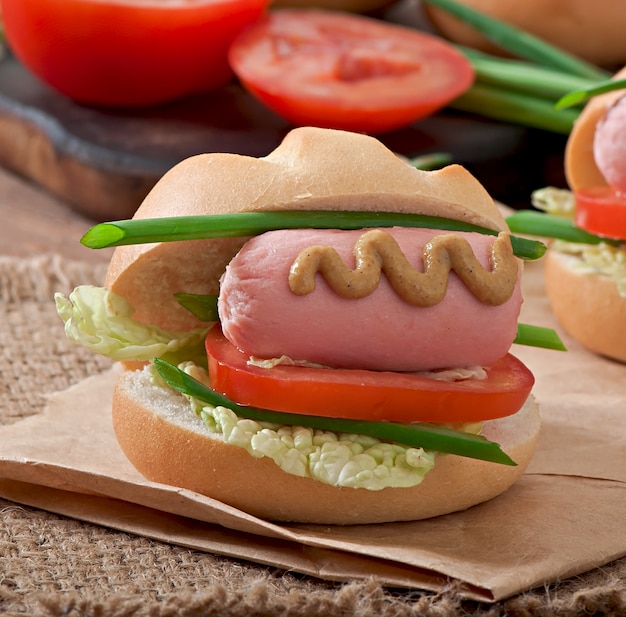 Perrito caliente alegre con salchichas y tomate