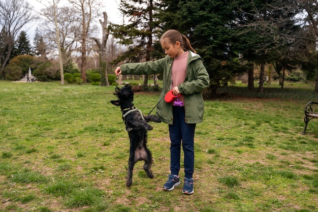 Foto gratuita perro adorable en el parque en la naturaleza con el dueño