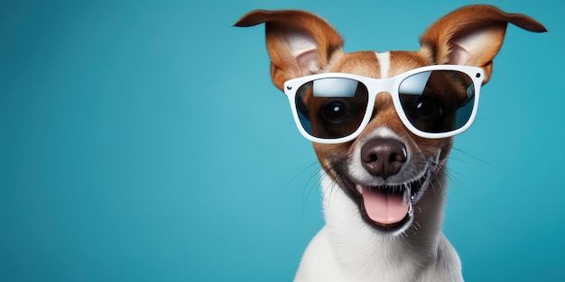 Un perro alegre con ojos brillantes sobre un fondo azul