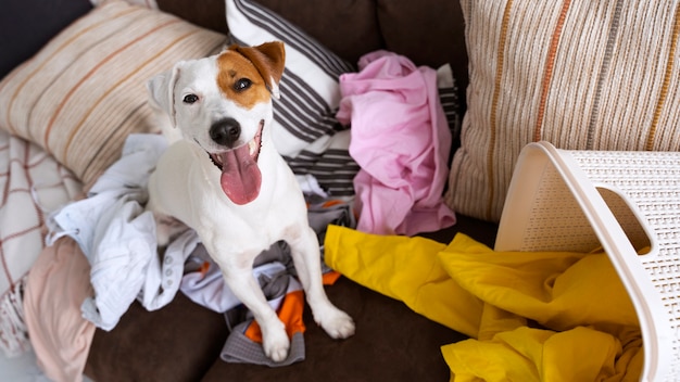 Perro de alto ángulo sacando ropa de la cesta