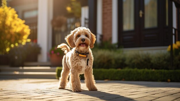Un perro beagle solitario con correa afuera de una casa