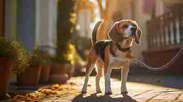 Foto gratuita un perro beagle solitario con correa afuera de una casa