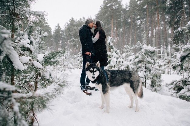 Perro husky y besos pareja de enamorados caminando en el bosque de invierno cubierto de nieve en un frío día de invierno