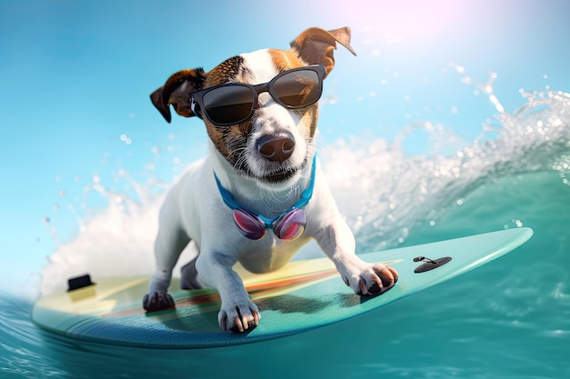 Perro Jack russell surfeando en una olaDía soleado Concepto de verano AI generativo