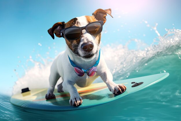 Perro Jack russell surfeando en una olaDía soleado Concepto de verano AI generativo