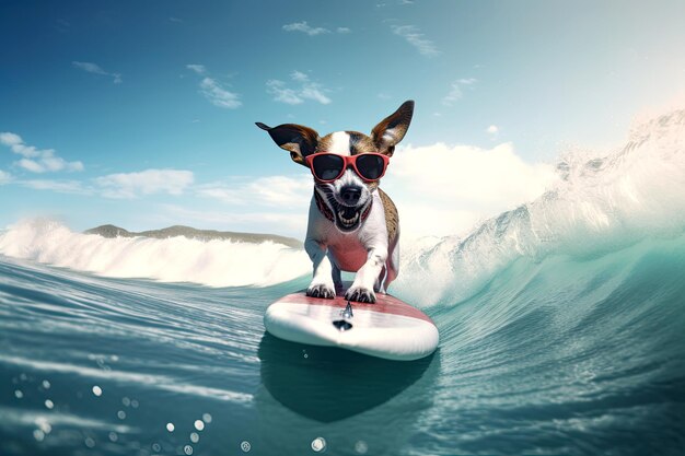 Perro Jack russell surfeando en una olaDía soleado Concepto de verano AI generativo