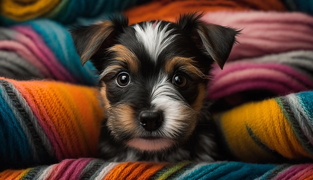Un perro con una manta de colores que dice "mascota"