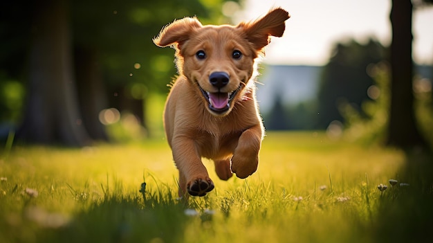 Un perro en movimiento en la hierba verde el retrato revela su individualidad y características físicas