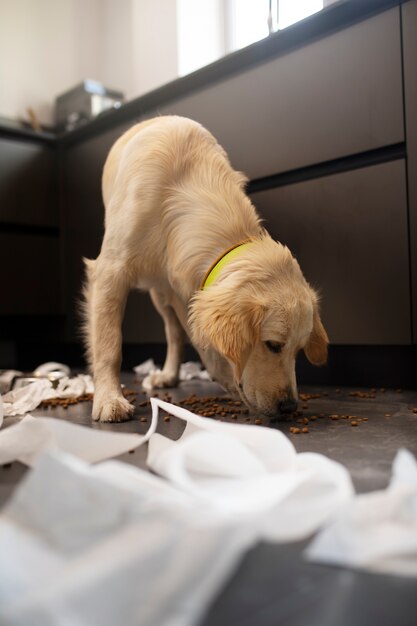 Perro olfateando el suelo después de ensuciar