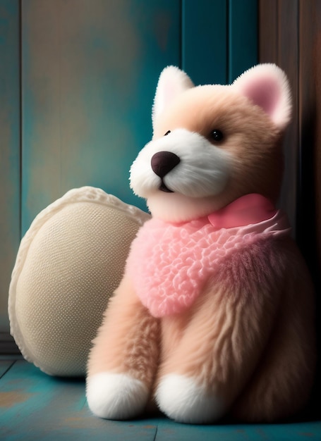 Foto gratuita un perro de peluche con una bufanda rosa y un suéter rosa.
