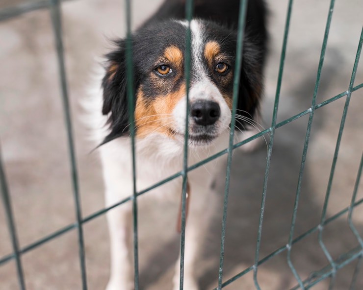 Foto gratuito perro de rescate triste detrás de la valla en el refugio de adopción