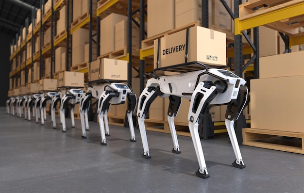 Perro robótico repartidor en una fábrica Concepto Perro robótico repartiendo mercancías