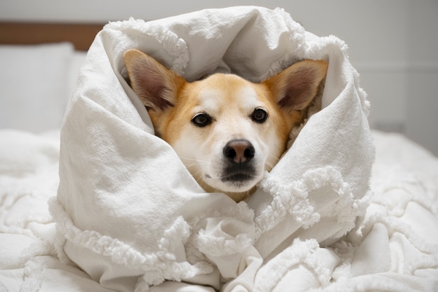 Perro shiba inu relajándose en la cama