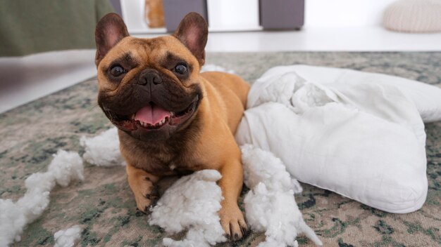 Perro sonriente haciendo lío en el piso