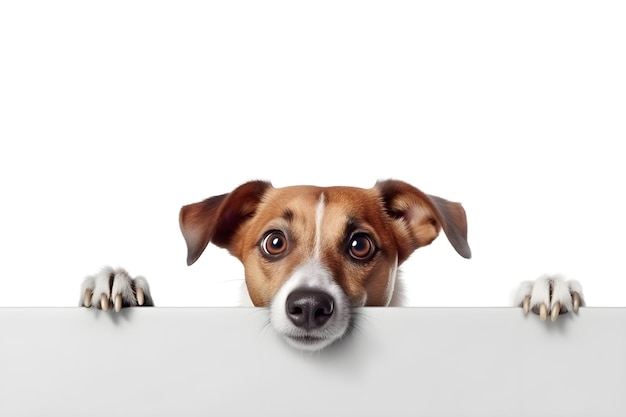 Perro sorprendido con ojos grandes mirando desde detrás de una pancarta de marco largo blanco.