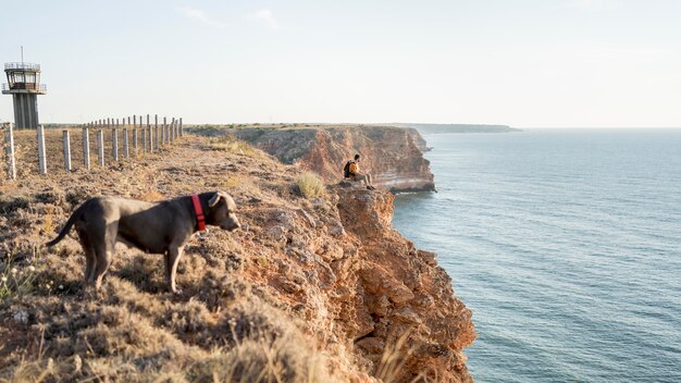 Perro de vista lateral dando un paseo junto a su dueño en una costa con espacio de copia