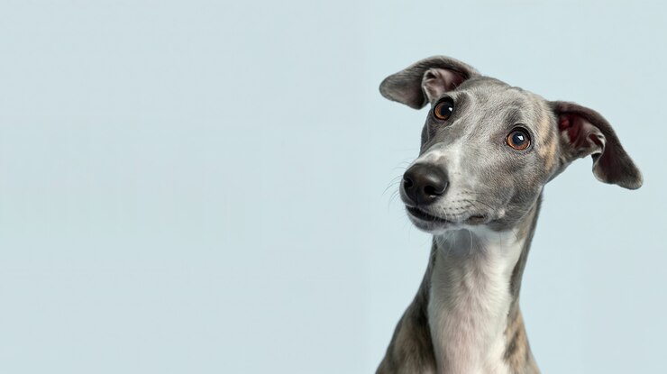 Perro Whippet mirando hacia arriba