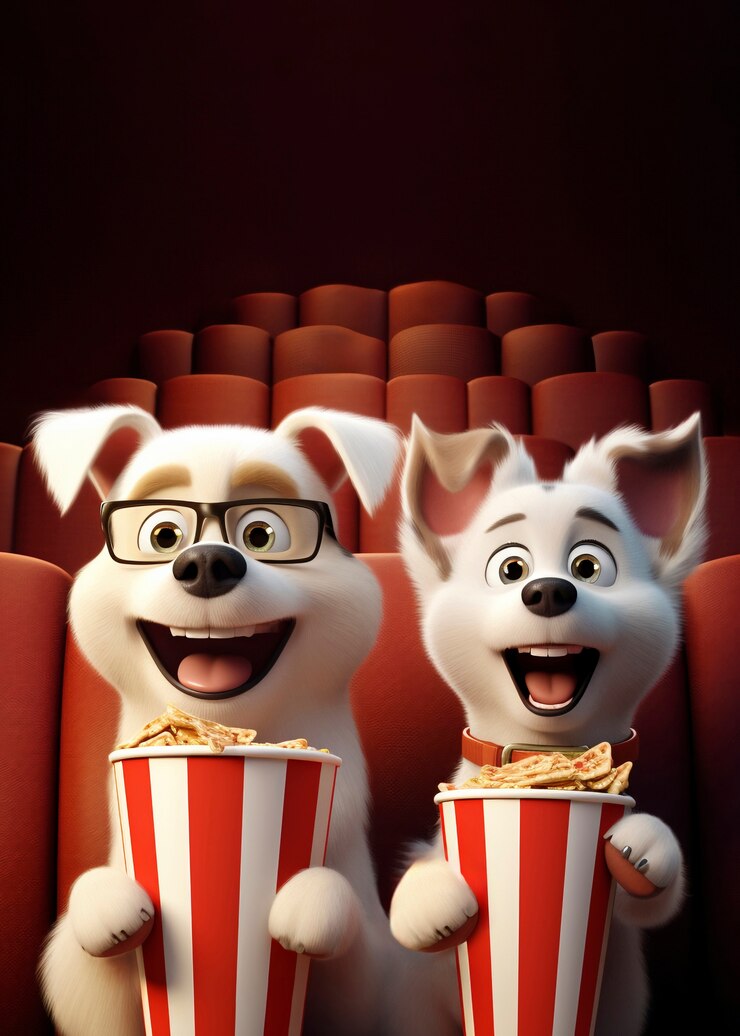 Foto gratuito perros en 3d en el cine viendo una película