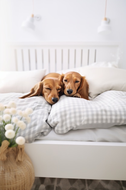 Perros lindos de pie uno al lado del otro y mostrando afecto