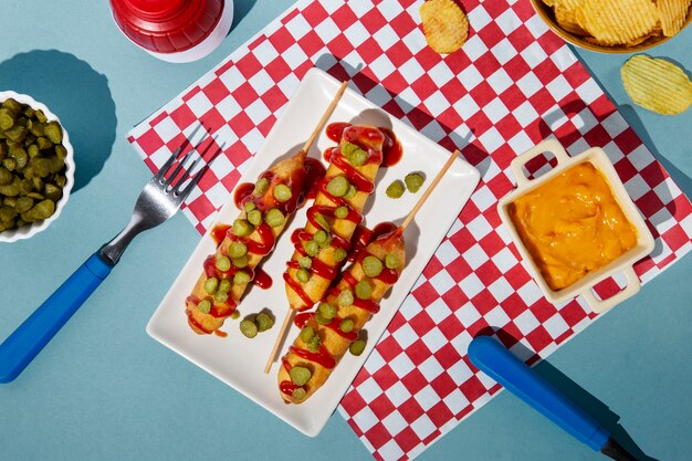 Perros de maíz sabrosos y planos con pepinillos en un plato