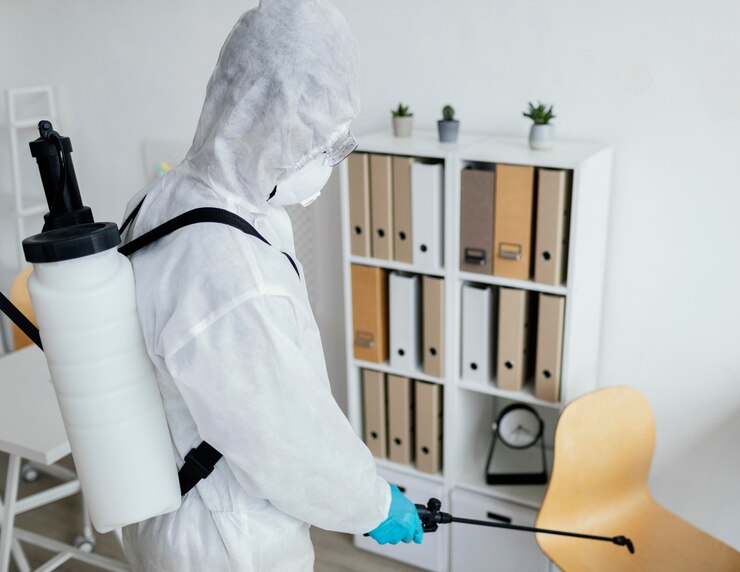 Photo Gratis person in protective equipment disinfecting