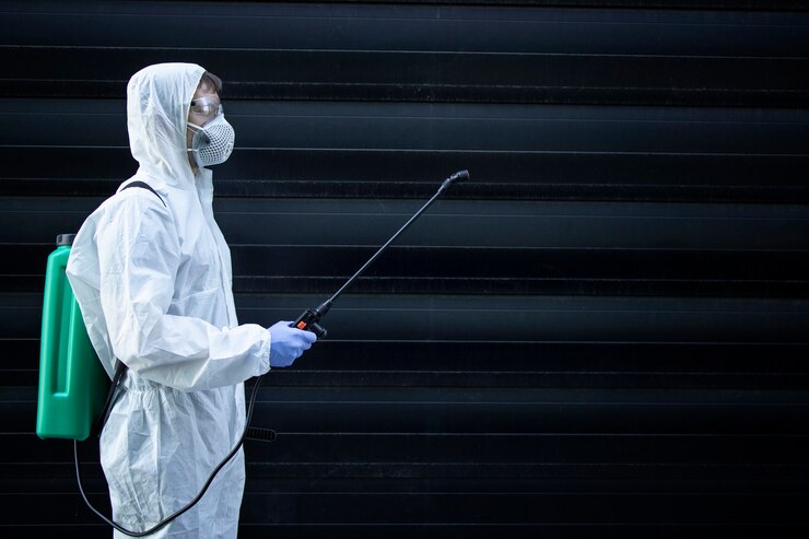 Photo Gratis person in white chemical protection suit holding sprayer with disinfectant chemicals to stop spreading highly contagious virus