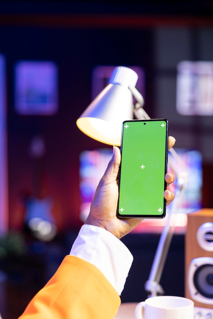 Foto gratuito person watching videos on social media using green screen phone close up