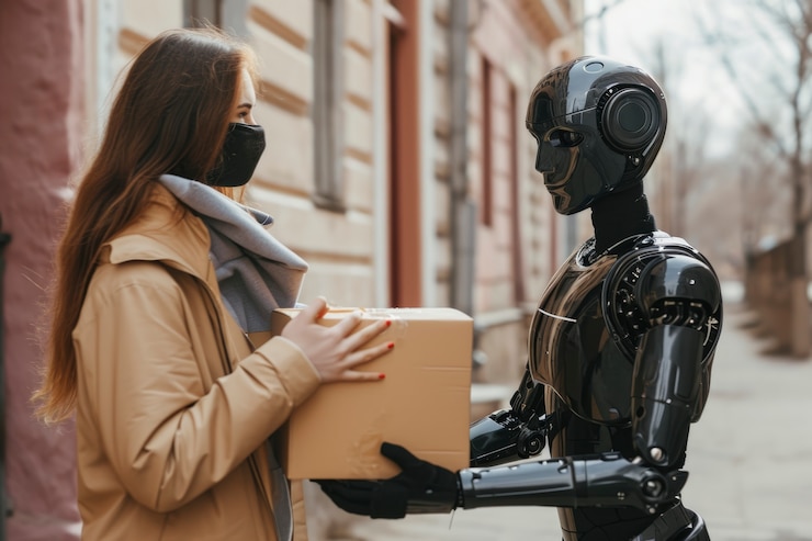 Foto gratuito una persona adulta interactuando con un robot de entrega futurista