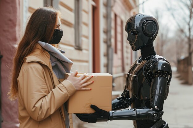 Una persona adulta interactuando con un robot de entrega futurista