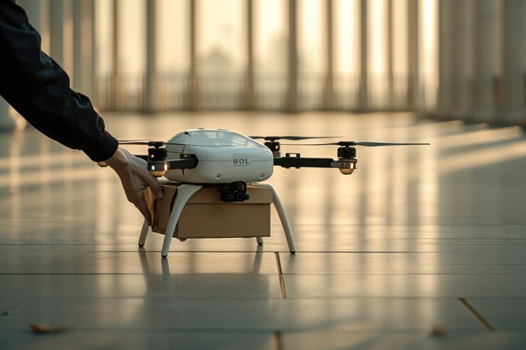 Foto gratuito una persona adulta interactuando con un robot de entrega futurista