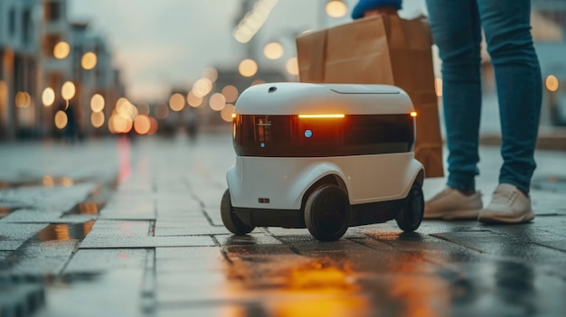 Una persona adulta interactuando con un robot de entrega futurista