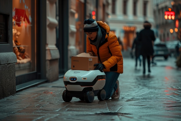 Foto gratuita una persona adulta interactuando con un robot de entrega futurista