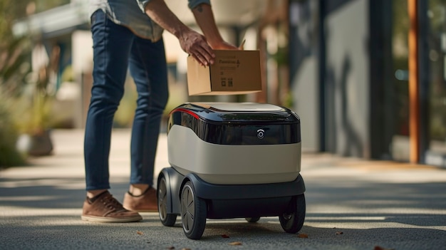 Foto gratuita una persona adulta interactuando con un robot de entrega futurista