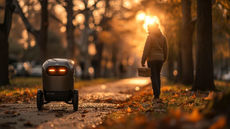 Foto gratuito una persona adulta interactuando con un robot de entrega futurista