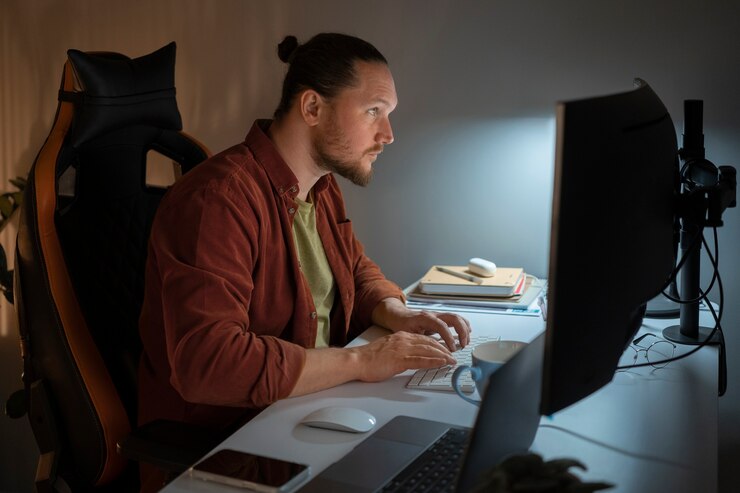 Foto gratuito persona adulta que trabaja en la computadora de casa por la noche