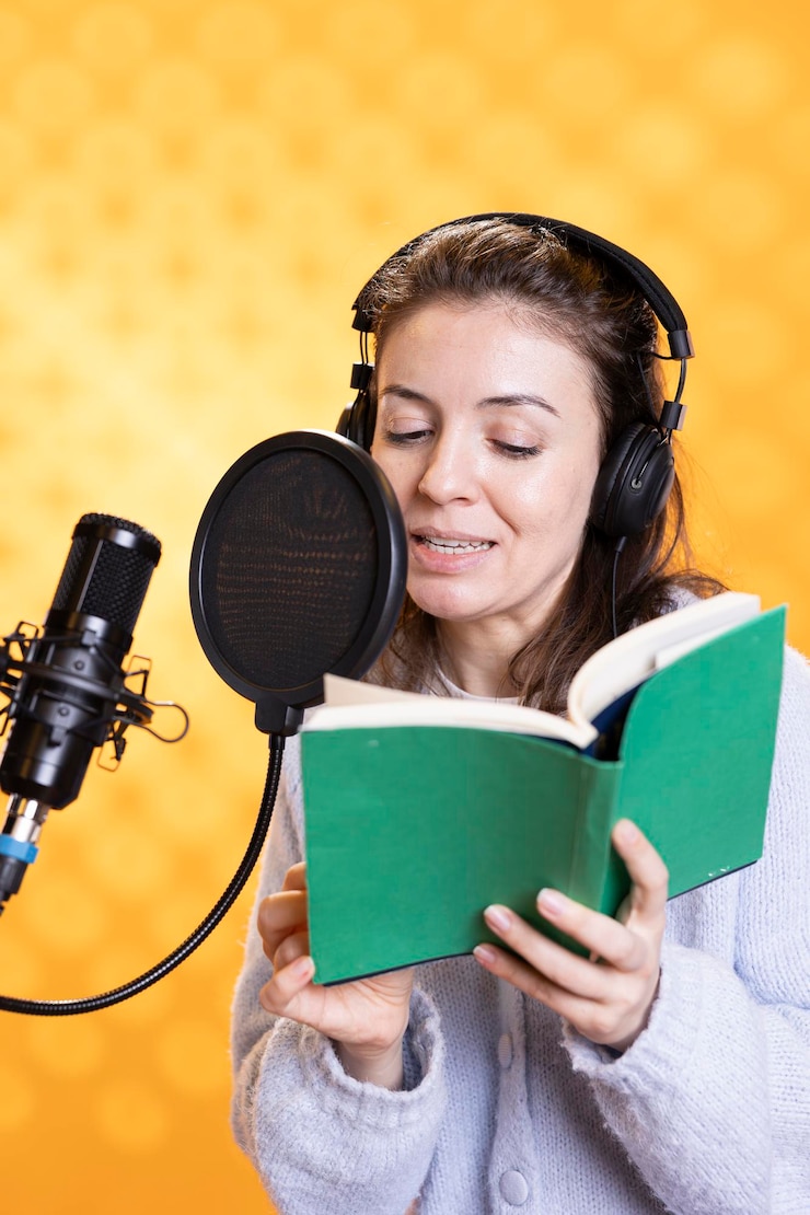 Foto gratuito persona alegre grabando un audiolibro aislada sobre el fondo del estudio