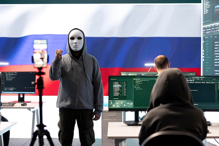 Foto gratuito persona anónima con máscara pide rescate en la sala de hacking del gobierno ruso