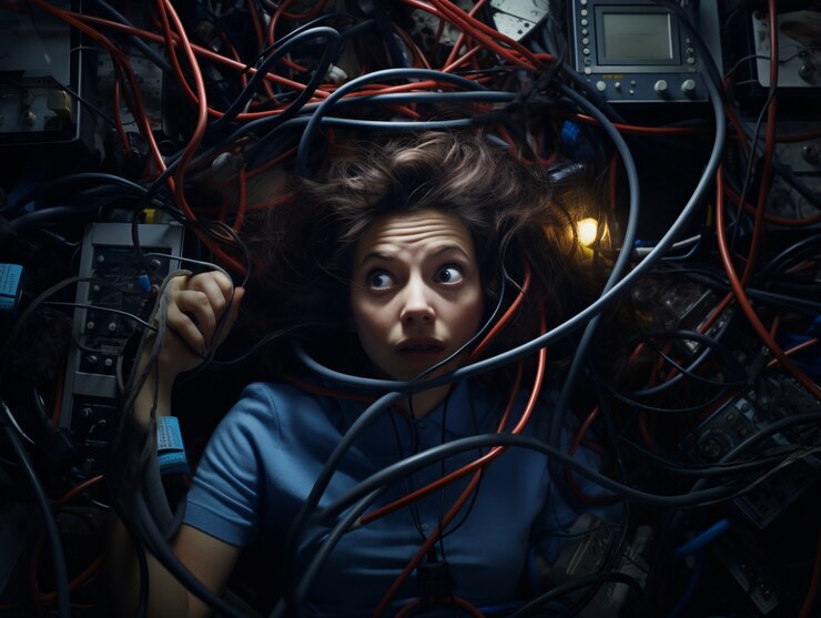 Foto gratuito persona con ansiedad inducida por cables o cables