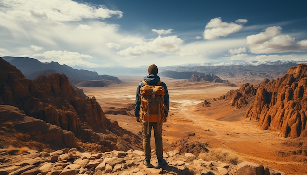 Foto gratuita una persona caminando por el pico de la montaña explorando el majestuoso paisaje generado por la inteligencia artificial