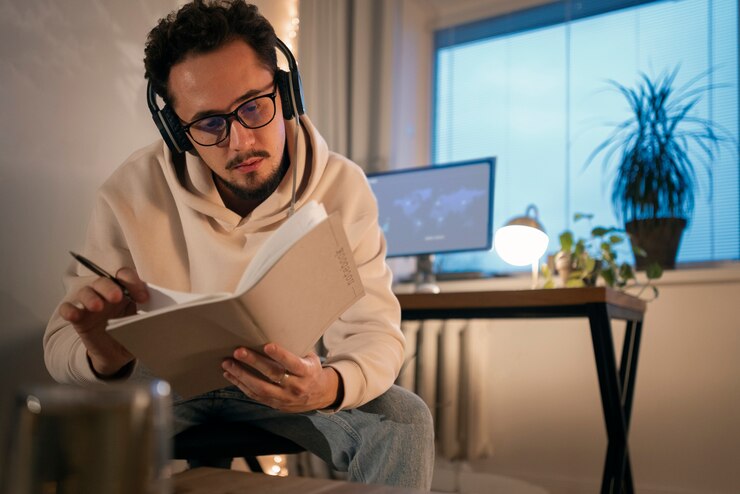 Foto gratuito persona en casa trabajando tarde en la noche.