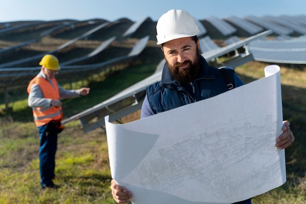 Persona cerca de la planta de energía alternativa