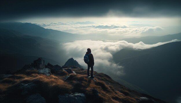 Una persona se para en la cima de una montaña mirando las nubes debajo.