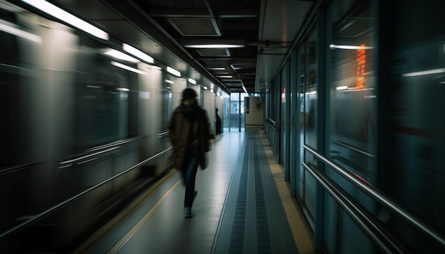 Una persona corriendo por el pasillo del metro borrosa generada por IA