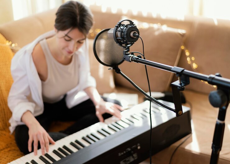 Foto gratuito persona creativa practicando una canción en el interior