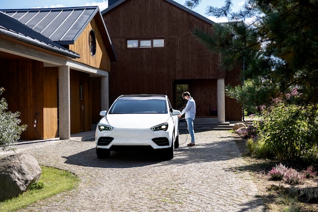 Persona cuidando coche eléctrico.