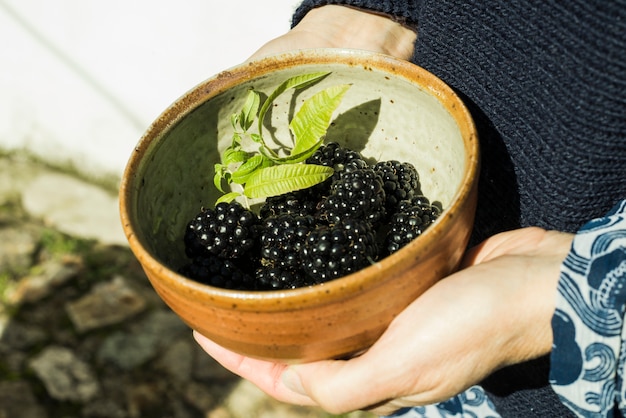 Foto gratuita persona de cultivo con tazón de moras